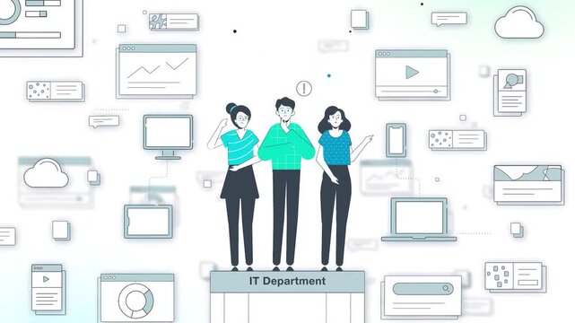 Animated IT department team solving digital technology challenges in a modern business environment