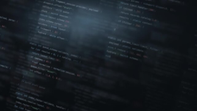 Dynamic blurred code background with slate tones featuring glowing text elements in soft focus, ideal for tech presentations and digital themes