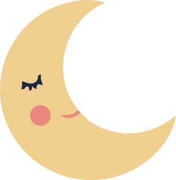 Cute smiling crescent moon in flat vector style with a closed eye and rosy cheek, isolated
