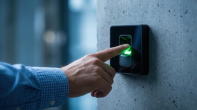 Employee using a modern biometric scanner on a wall for secure access control and attendance tracking.