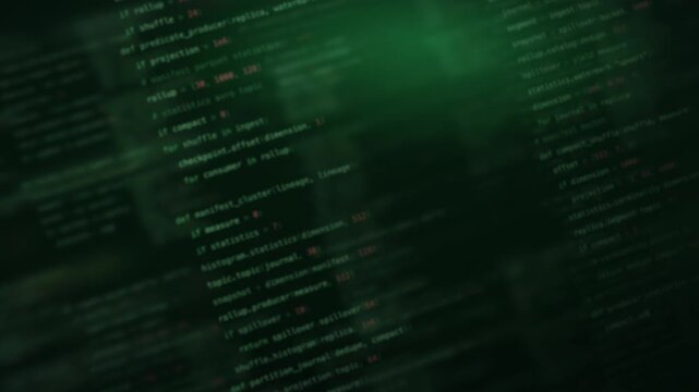 Dynamic blurred code background featuring green and dark tones, with soft glowing text elements and a layered perspective, ideal for tech-themed projects or digital interfaces.