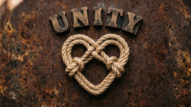Heart shape made of rope with the word unity in wooden letters on a rustic metal background