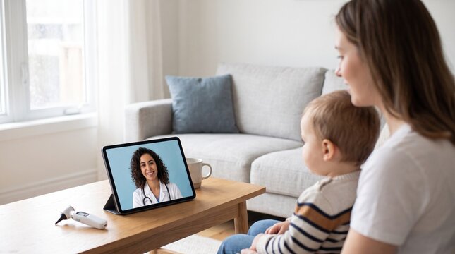 Telemedicine consultation, young mother and child video calling with a smiling female doctor on a tablet, modern healthcare concept, bright living room setting