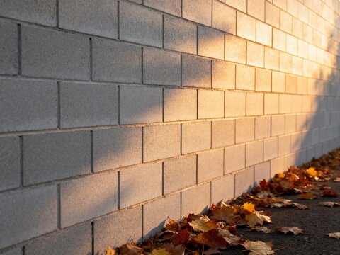 Concrete block wall surface illuminated by warm golden sunset light with fallen maple autumn leaves below