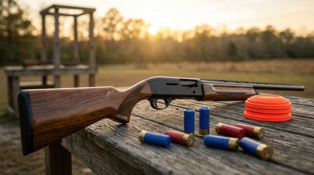 At a shooting range, a shotgun, colorful shells, and stacked orange clay targets sit on a wooden table during sunset.