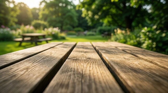 Casual summer outing atmosphere with an empty wooden table in a sunny green park garden.