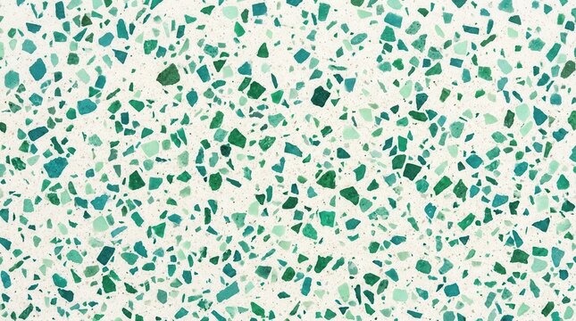 Textured background of a white terrazzo pattern with small teal and green chips in a modern material design.