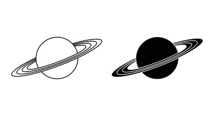 Planet saturn with rings black and white line art silhouette © RmANom