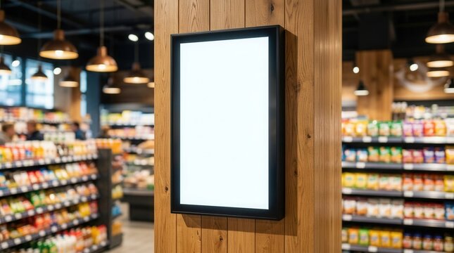 Supermarket shelves background with a blank frame on a wood panel wall for digital advertising.