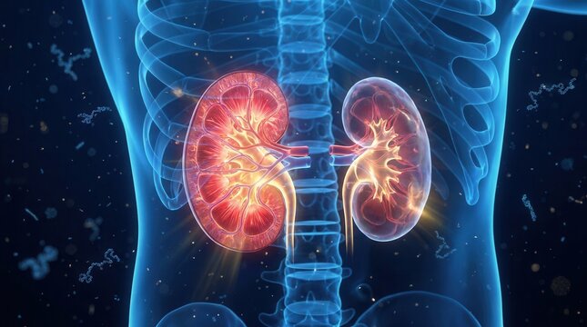 Digital art showing a human kidney cross-section with red and yellow glow and floating microscopic particles