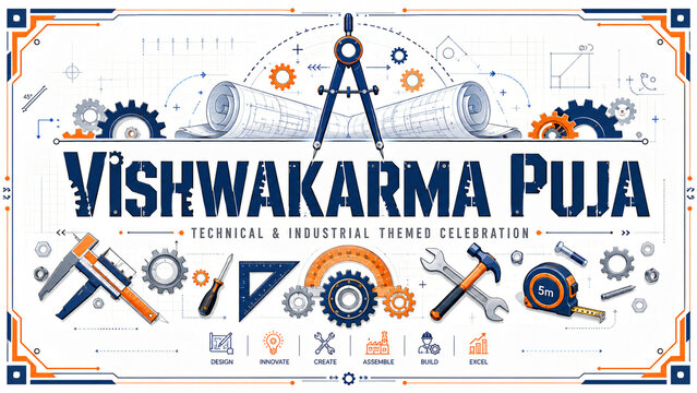 Vishwakarma Puja Engineering Tools and Blueprint Illustration for Festival Greeting Banner Design