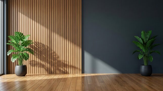 Minimalist design of a modern room with wooden wall panels, dark walls, and natural lighting.