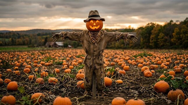 Spooky glowing jack-o'-lantern scarecrow standing in a large pumpkin patch under a dramatic cloudy sunset sky during the autumn season