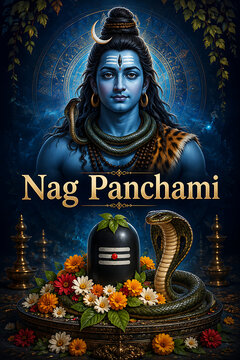 Mahadev portrait above decorated shiv lingam and cobra during nag panchami celebration with flowers lamps sacred leaves and blue mandala background artwork