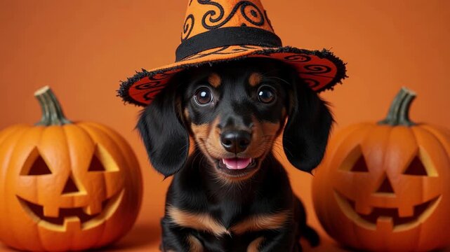 Cute dachshund puppy wearing a witch hat between two carved jackolanterns