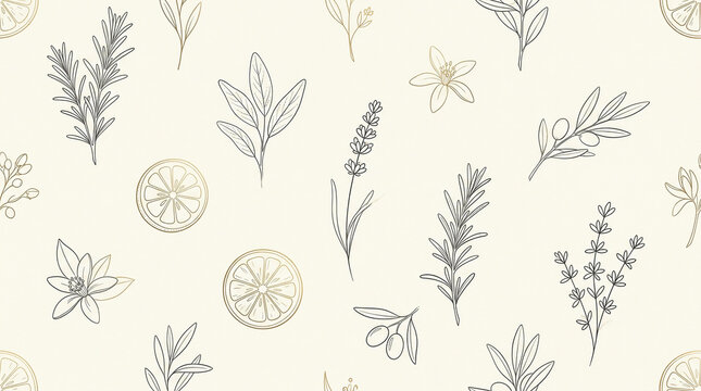 Minimalist gold and gray line art herb pattern featuring olive lemon lavender and rosemary on cream.
