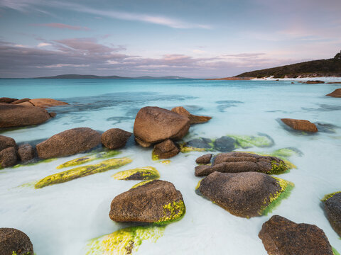 View of Whalers Cove with large moss-covered granite boulders resting in shallow turquoise water under a soft pastel sky in Albany, WA, Australia.