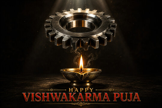Happy Vishwakarma Puja Banner with Gear and Traditional Diya for Festival Greeting Design