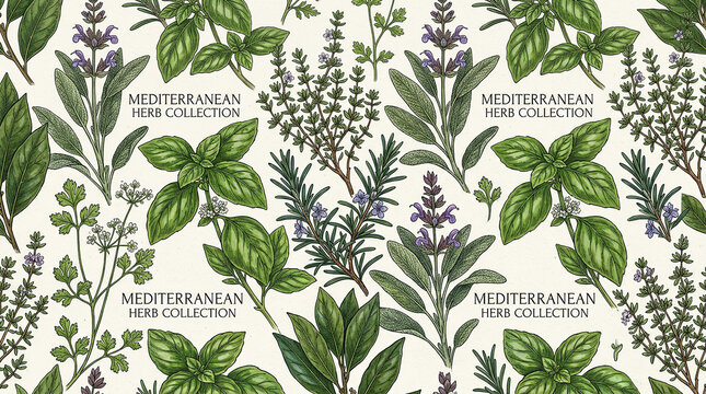 Mediterranean herb collection botanical illustration with basil sage rosemary and thyme on vintage background.