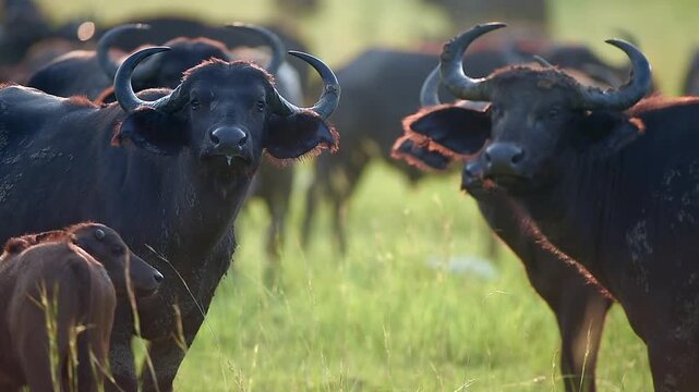 View of African buffaloes in the savanna, Africa.