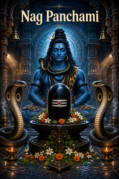 Mahadev seated behind shiv lingam with twin cobras during nag panchami celebration inside ornate blue temple with flowers bells and glowing diyas
