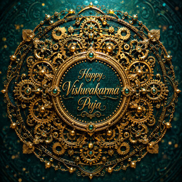 Happy Vishwakarma Puja Decorative Gear Mandala with Ornamental Mechanical Design for Greeting Banner