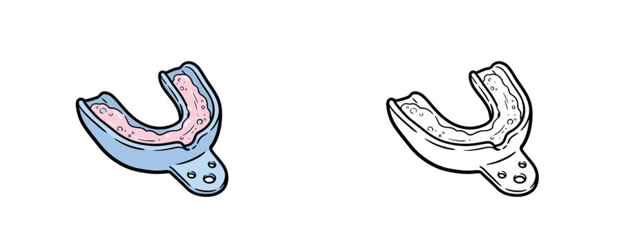 Dental fluoride impression tray with pink gel shown in flat colored cartoon and black outline line art styles on white background for oral care treatments