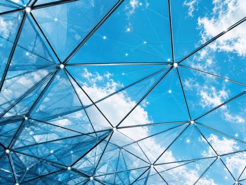 Modern Geometric Architecture: The intricate geometric design of a modern building's glass facade reflects a clear blue sky with fluffy clouds.