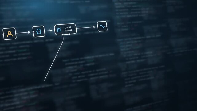 Futuristic AI agent workflow visualization with chatbot memory, featuring a dark backdrop with glowing blue elements, vibrant visual coding nodes, and dynamic icons, creating a high-tech atmosphere.