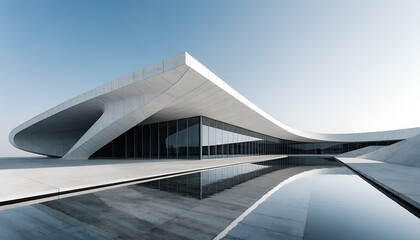 Naklejka premium Minimalist architecture featuring a sleek cantilever roof and a serene reflection pool under a bright sky