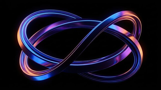 Metallic 3D infinity loop sculpture in dark space.