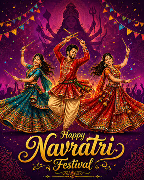 Happy Navratri Festival Poster with Dandiya Dancers and Goddess Silhouette for Celebration Banner
