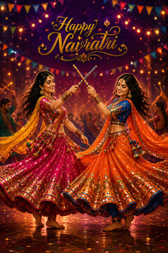 Two Women Performing Traditional Dandiya Dance in Colorful Navratri Celebration Poster Design