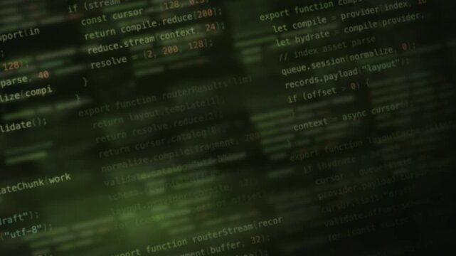 Softly Glowing Blurred Code Background with Moss Green Tones Featuring Text and Numbers, Ideal for Technology Themes and Digital Environments