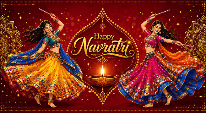 Happy Navratri Greeting Banner with Traditional Women Performing Dandiya Dance for Festival Poster