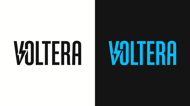 Voltera futuristic electric wordmark logo with a hidden lightning pulse
