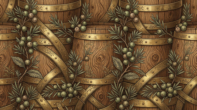 Seamless pattern of olive branches and old wooden barrels with gold bands vintage design.