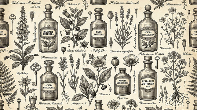 Vintage apothecary bottles and botanical illustrations sepia background.