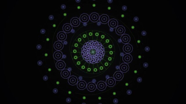 Abstract geometric mandala pattern with concentric circles and glowing dots on dark background.