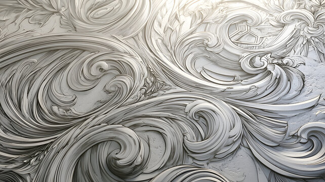 Ornate Plasterwork Detail: Intricate baroque style plasterwork, a decorative element with swirling curves and floral motifs, showcases exquisite craftsmanship and elegant design.