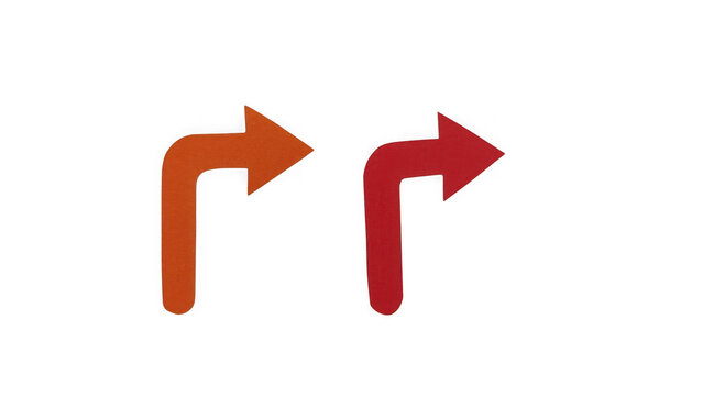 Two orange and red curved arrow icons pointing to the right side for web design isolated on transparent background