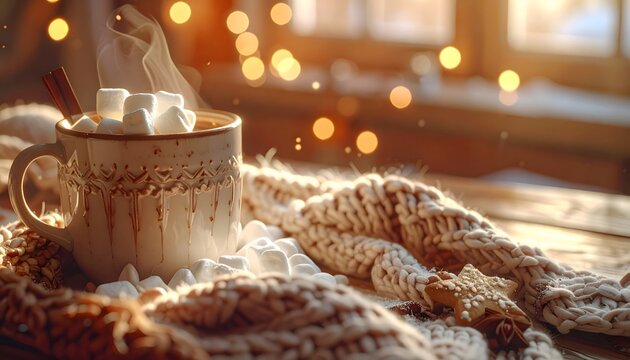 Cozy hot chocolate mug with fluffy marshmallows and cocoa powder by warm fireplace variant 76