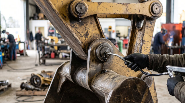 Mechanic Greasing Excavator Bucket Pivot During Heavy Equipment Maintenance