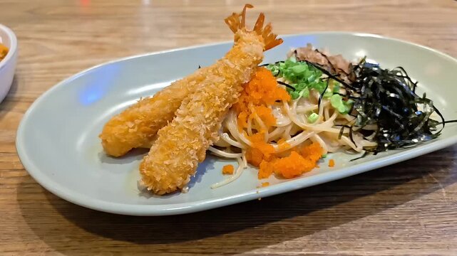 Ebiko carbonara cream spaghetti with deep-fried shrimp and seaweed garnish, Japanese-Italian fusion food, Comforting Pasta Menu, Restaurant Meal, Rotating Slow Motion