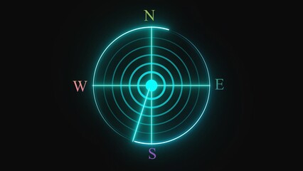 Glowing neon radar compass navigation icon with cardinal directions on a dark background © Asfiya stock