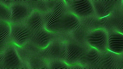 Fototapeta premium Abstract green digital wave pattern with flowing lines and dark geometric squares in the background