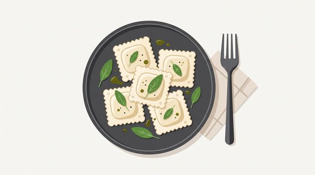 Minimal Flat Illustration of Vegan Ravioli with Sage on Dark Plate Top View Italian Plant Based Pasta Food Menu Design