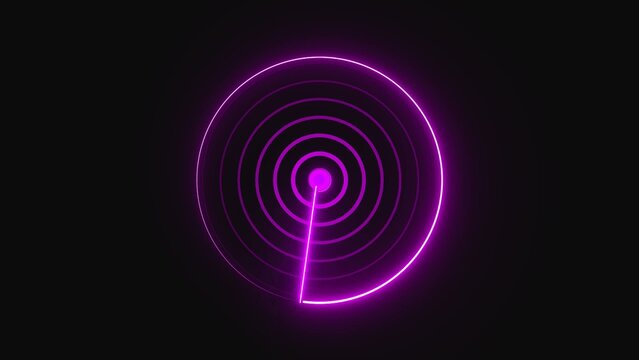 Glowing purple neon radar scanner circle design with light lines on a dark background