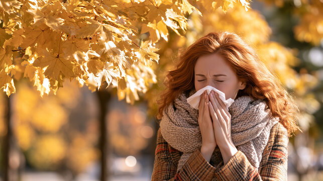 Young woman sneezing into tissue outdoors during autumn allergy season