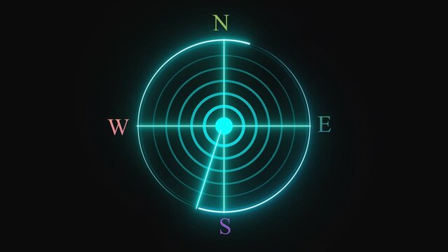 Glowing neon radar compass navigation icon with cardinal directions on a dark background